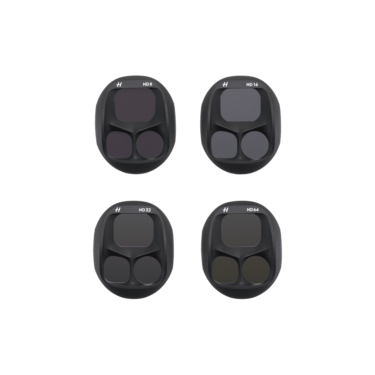 Four black rubber filters with numbers on a white background