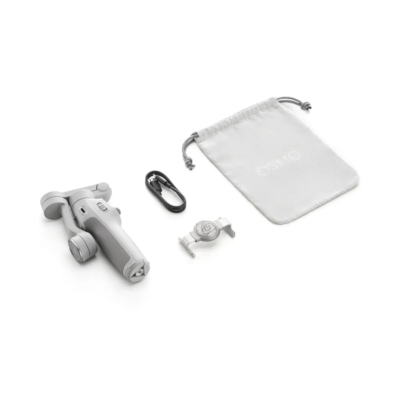 White handheld DJI Osmo Mobile 7 Smartphone Gimbal with accessories on a white background