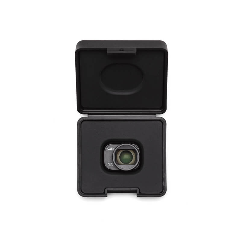 Black camera lens in a protective case on a white background