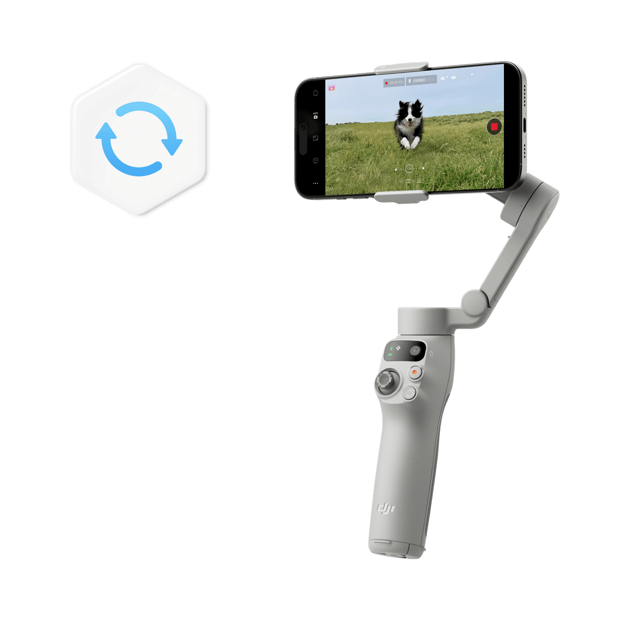 Handheld camera stabilizer with smartphone attached, displaying a dog on grass, on a black background.