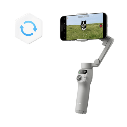 Handheld camera stabilizer with smartphone attached, displaying a dog on grass, on a black background.