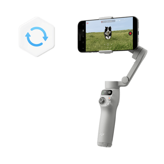 Handheld camera stabilizer with smartphone attached, displaying a dog on grass, on a black background.