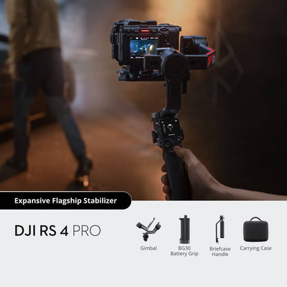 a person holding DJI Ronin RS 4 Pro with a camera shooting video