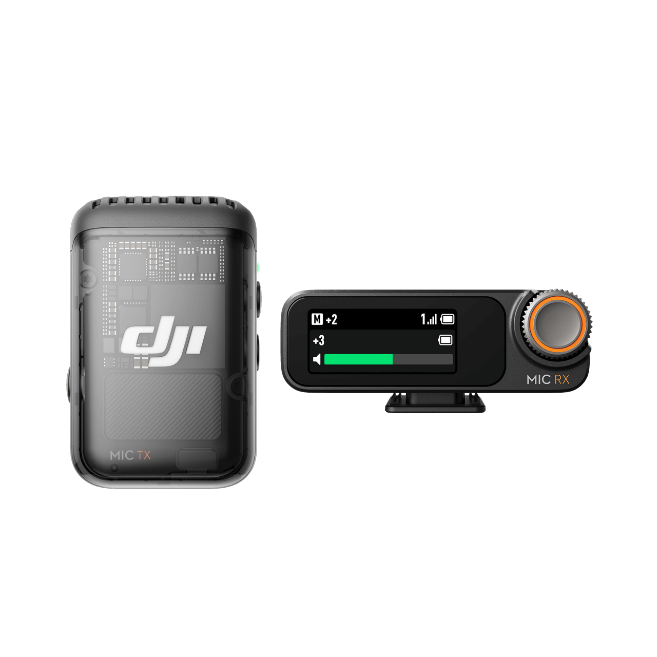 Two DJI Mic 2 electronic devices with 'DJI' branding on a black background