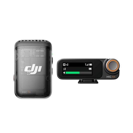 Two DJI Mic 2 electronic devices with 'DJI' branding on a black background