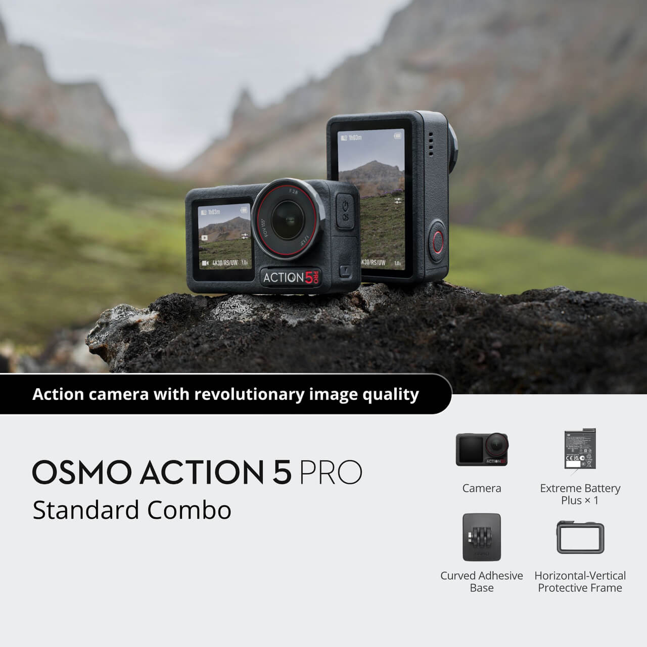 Osmo Action 5 Pro action camera on a rock with mountainous background