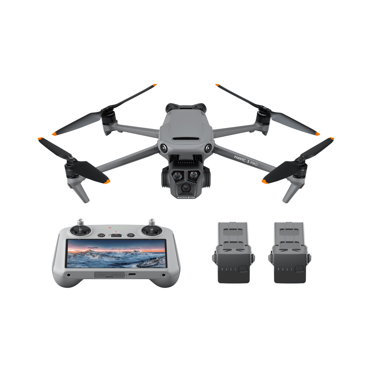 DJI mavic 3 pro with controller and batteries in white background