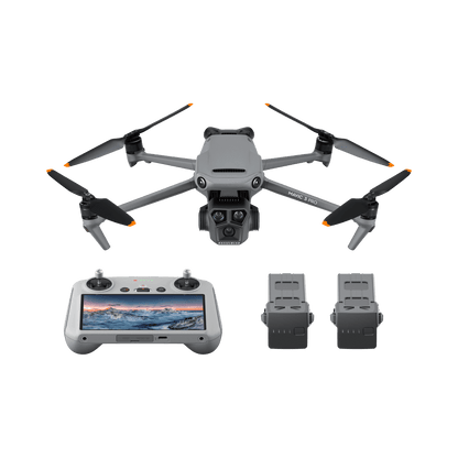 DJI mavic 3 pro with controller and batteries in white background