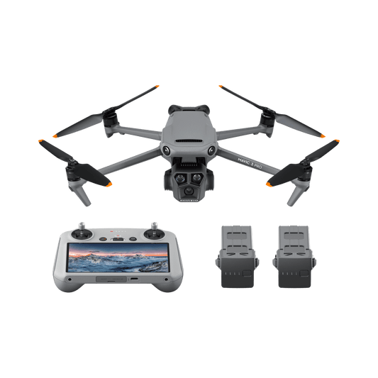 DJI mavic 3 pro with controller and batteries in white background