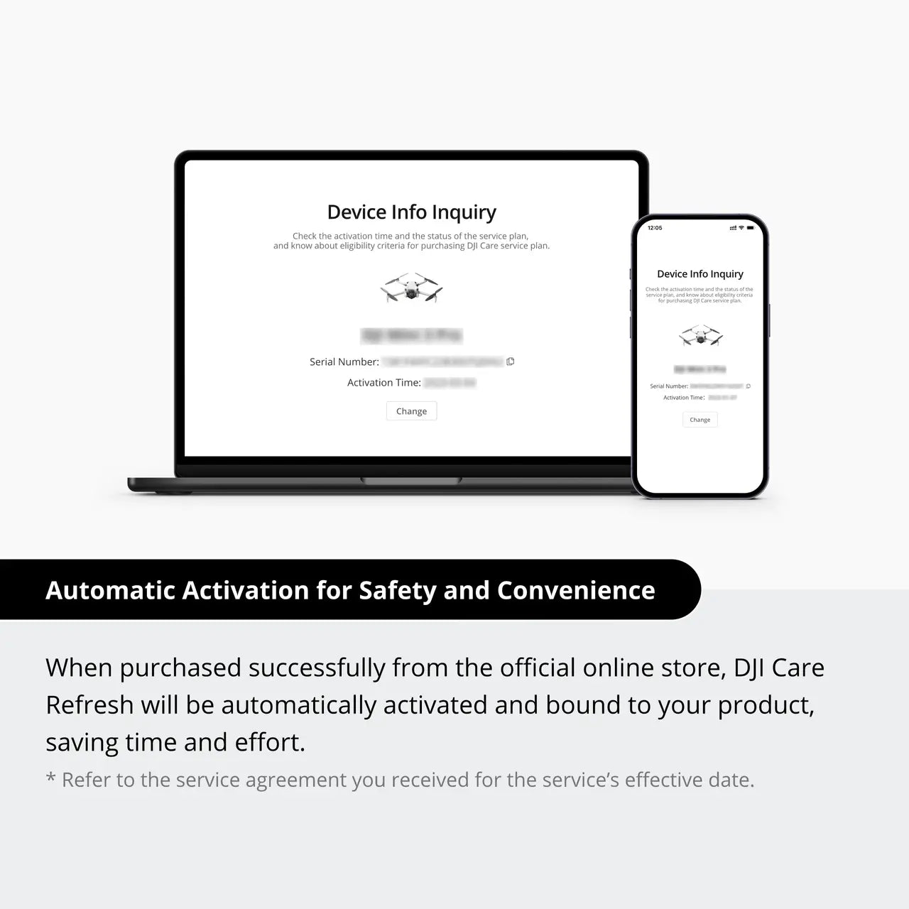 Laptop and smartphone displaying 'Device Info Inquiry' on a white background with text about automatic activation.