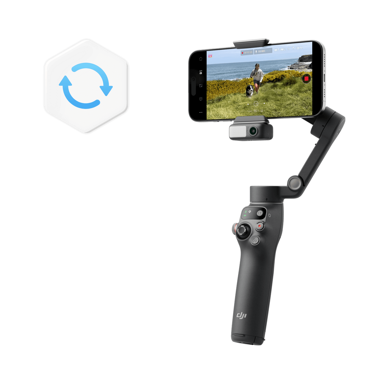 Smartphone mounted on a gimbal with a screen displaying a person in a field, next to a logo on a black background.