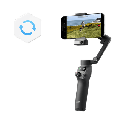 Smartphone mounted on a gimbal with a screen displaying a person in a field, next to a logo on a black background.