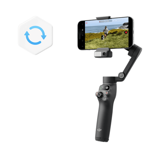Smartphone mounted on a gimbal with a screen displaying a person in a field, next to a logo on a black background.