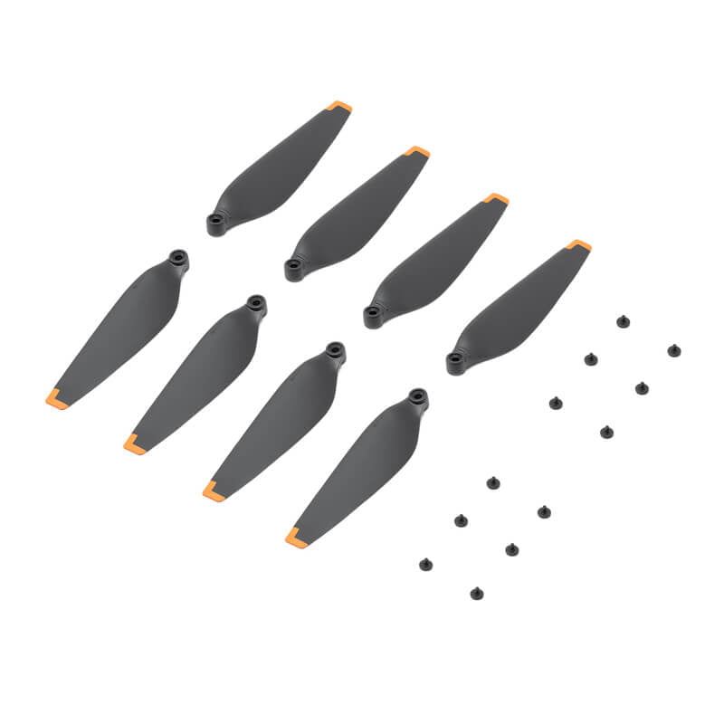 Set of gray drone propellers with small black screws on a white background