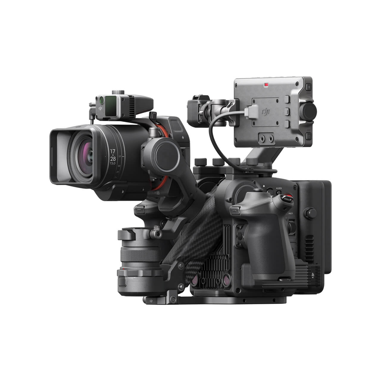 Professional camera DJI Ronin 4D 8K with multiple lenses and attachments on a white background