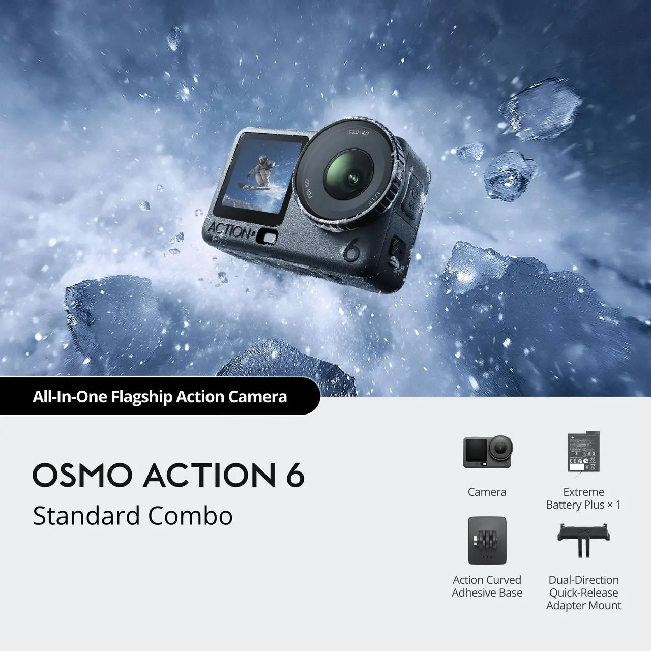 Osmo Action 6 action camera in icy water with product details below