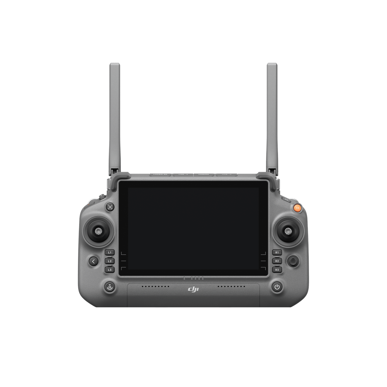 DJI remote control with screen and antennas on a white background