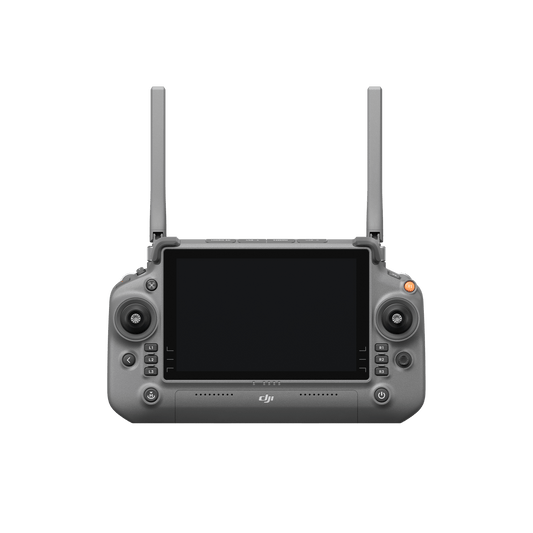 DJI remote control with screen and antennas on a white background