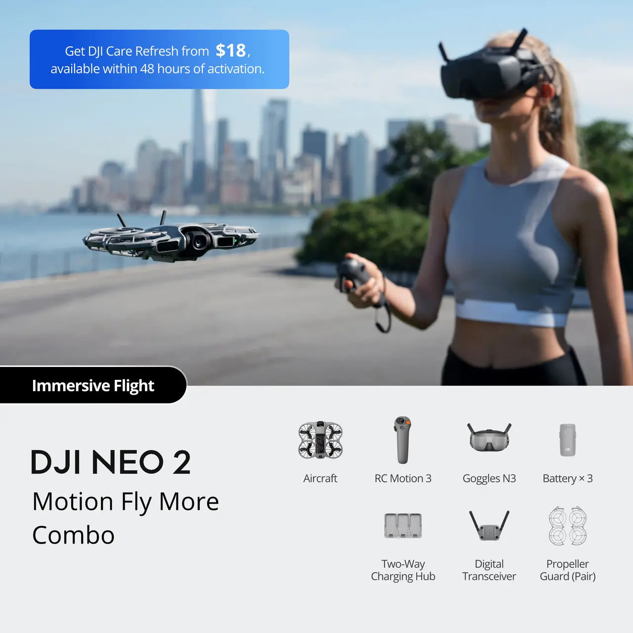 Woman using DJI Neo 2 Motion Fly More Combo with cityscape in the background