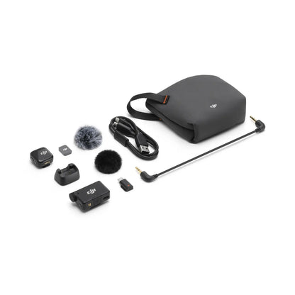 Collection of DJI Mic Mini audio equipment and accessories with a DJI bag on a white background