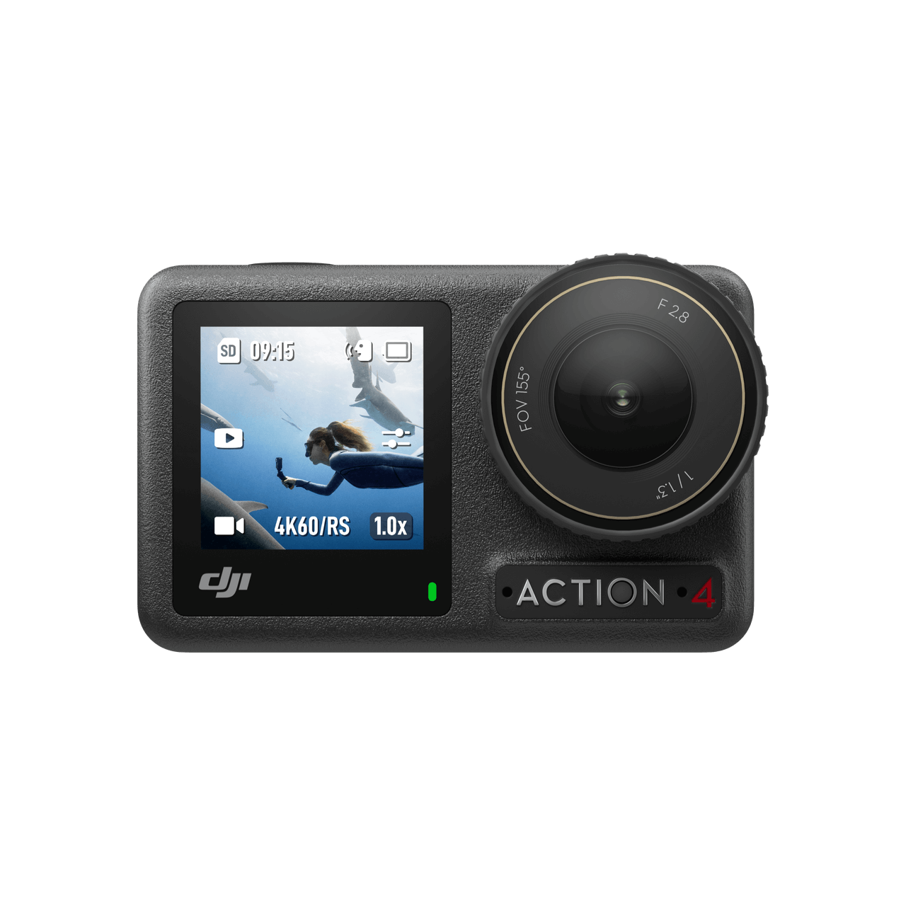 DJI Action 4 action camera on a black background
