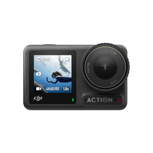 DJI Action 4 action camera on a black background