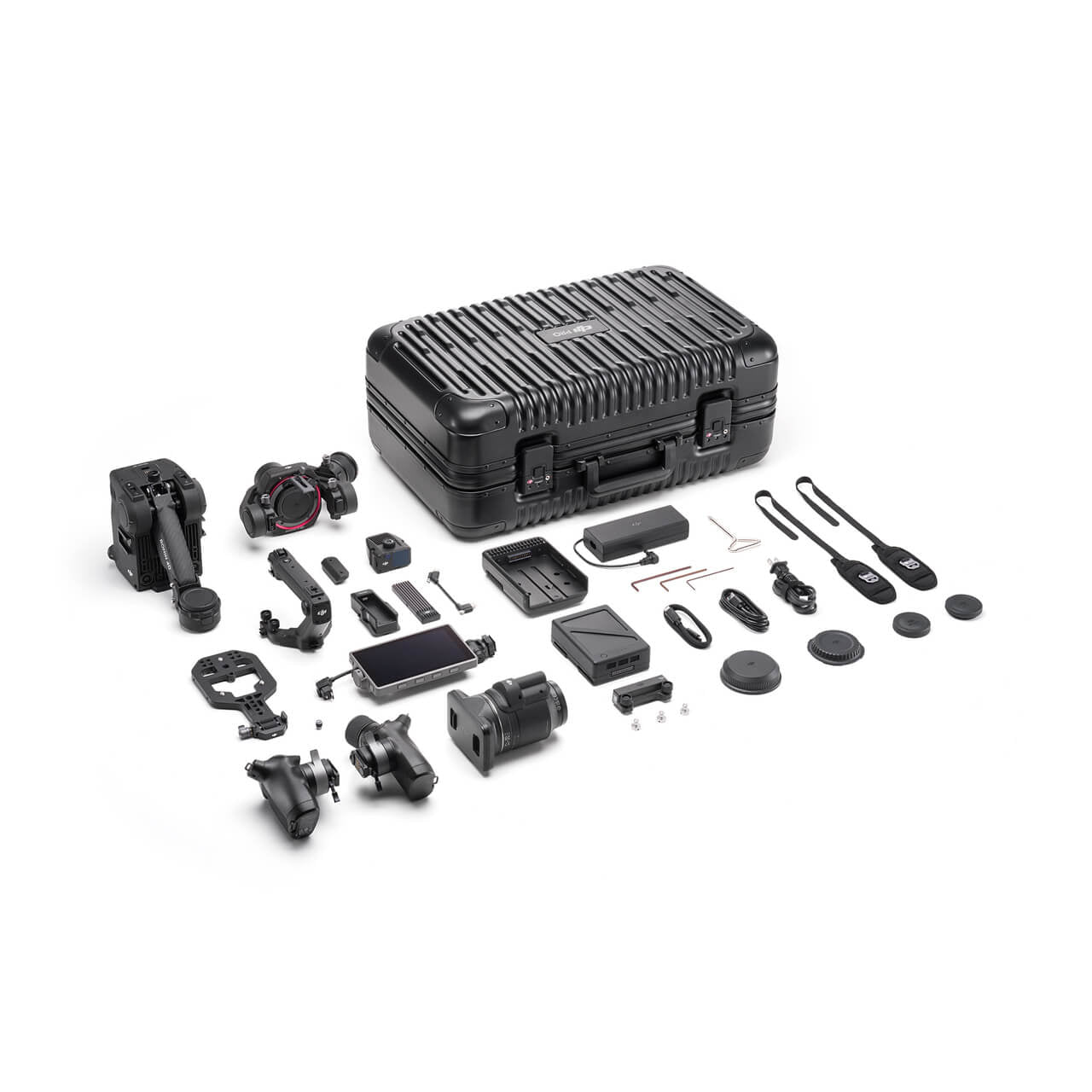 DJI Ronin 4D 8K Camera accessories set with a black case on a white background