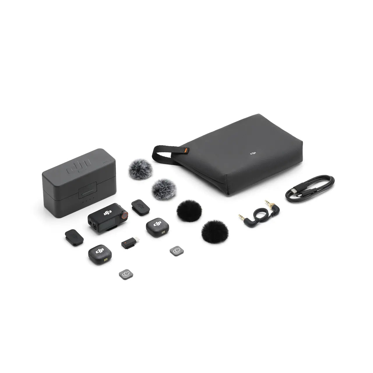 Collection of black DJI Mic 3 electronic accessories on a white background