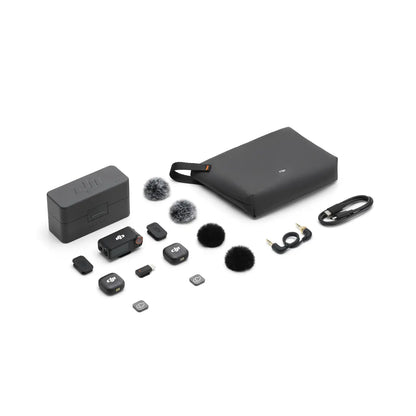 Collection of black DJI Mic 3 electronic accessories on a white background