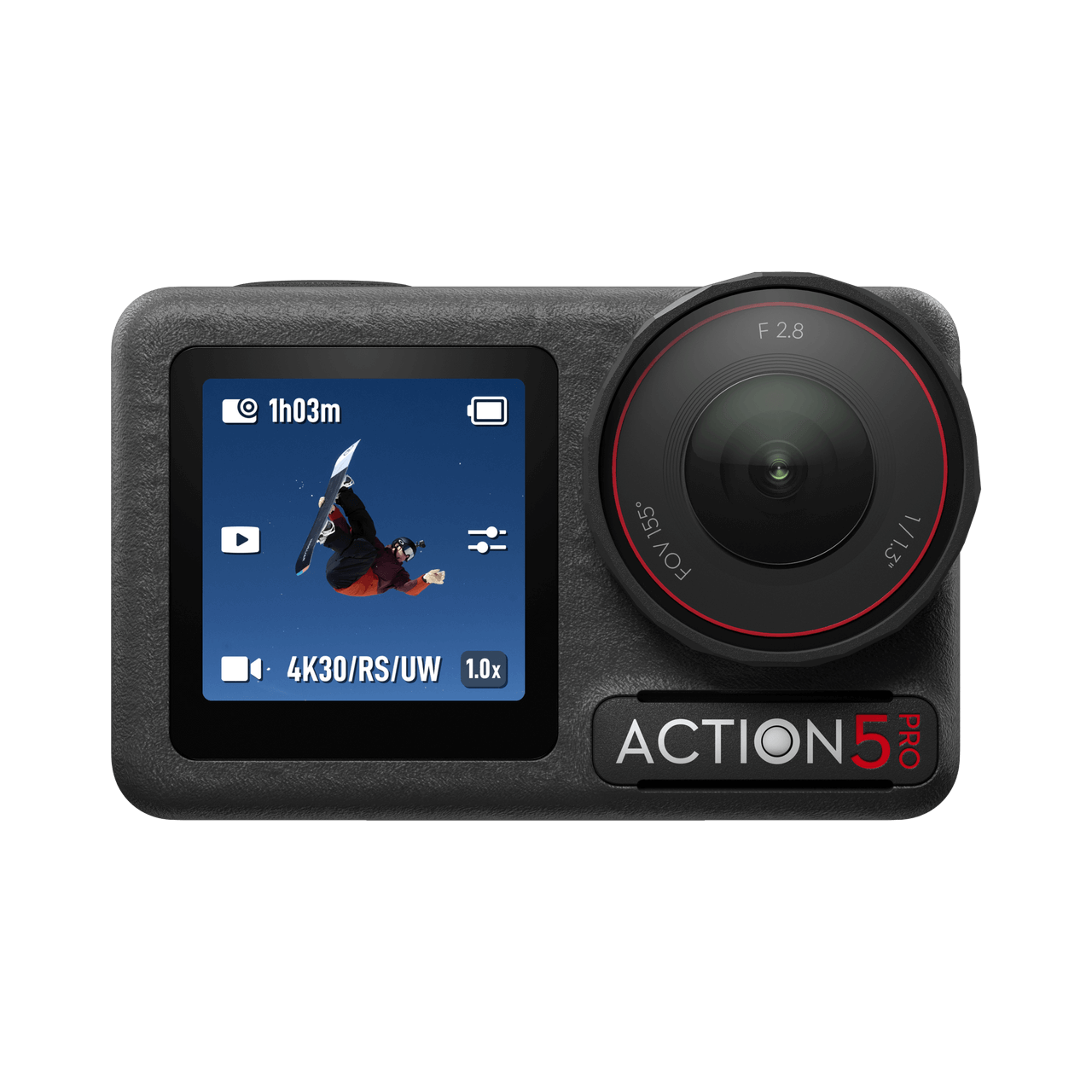 Osmo Action 5 pro camera with display screen and lens on a black background