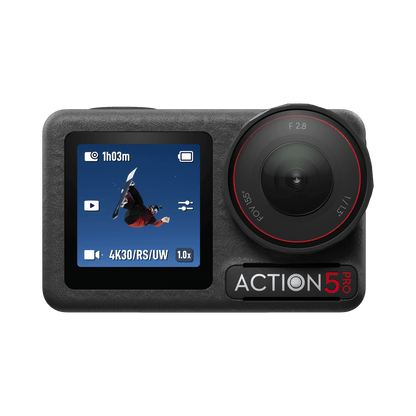 Osmo Action 5 pro camera with display screen and lens on a black background