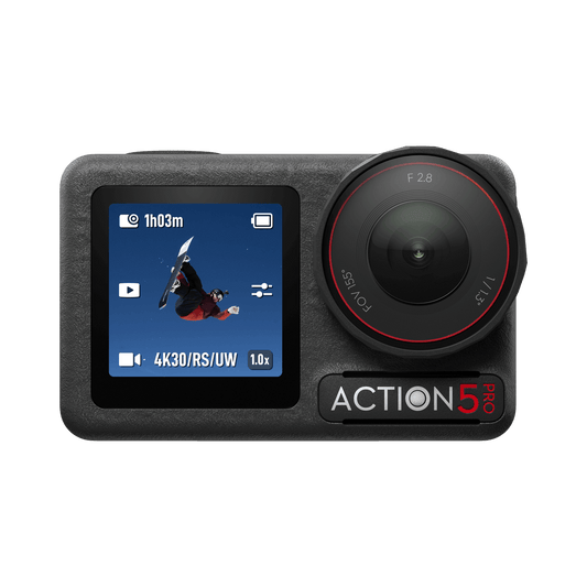 Osmo Action 5 pro camera with display screen and lens on a black background