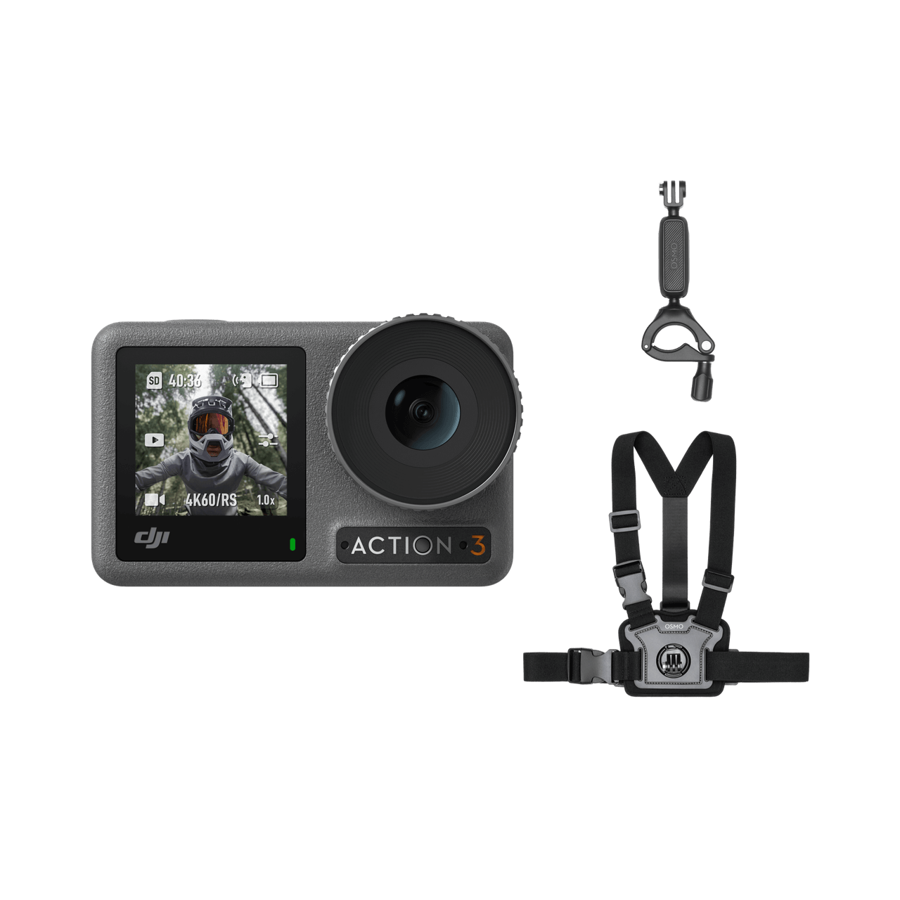 DJI Action 3 action camera with accessories on a white background