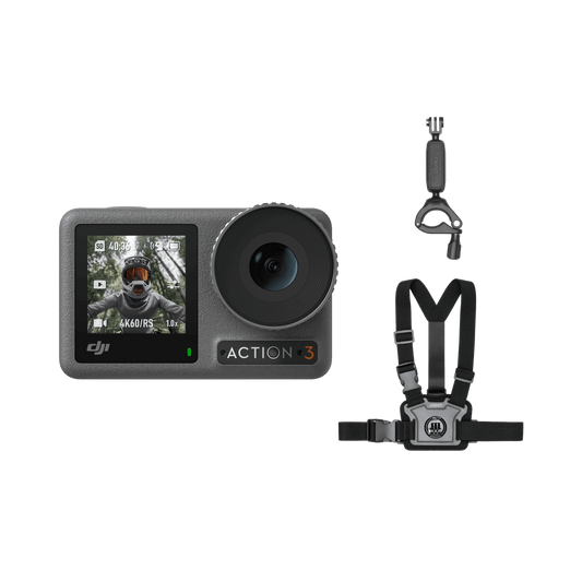 DJI Action 3 action camera with accessories on a white background