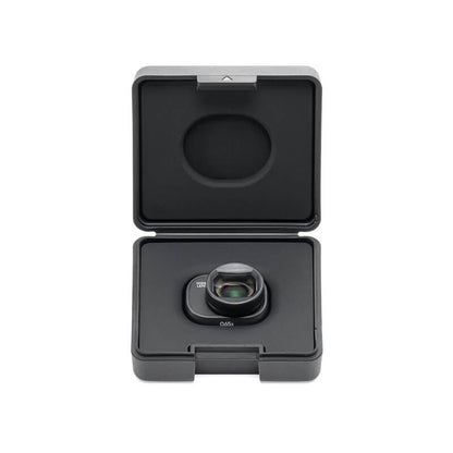 Black camera lens in a protective case on a white background