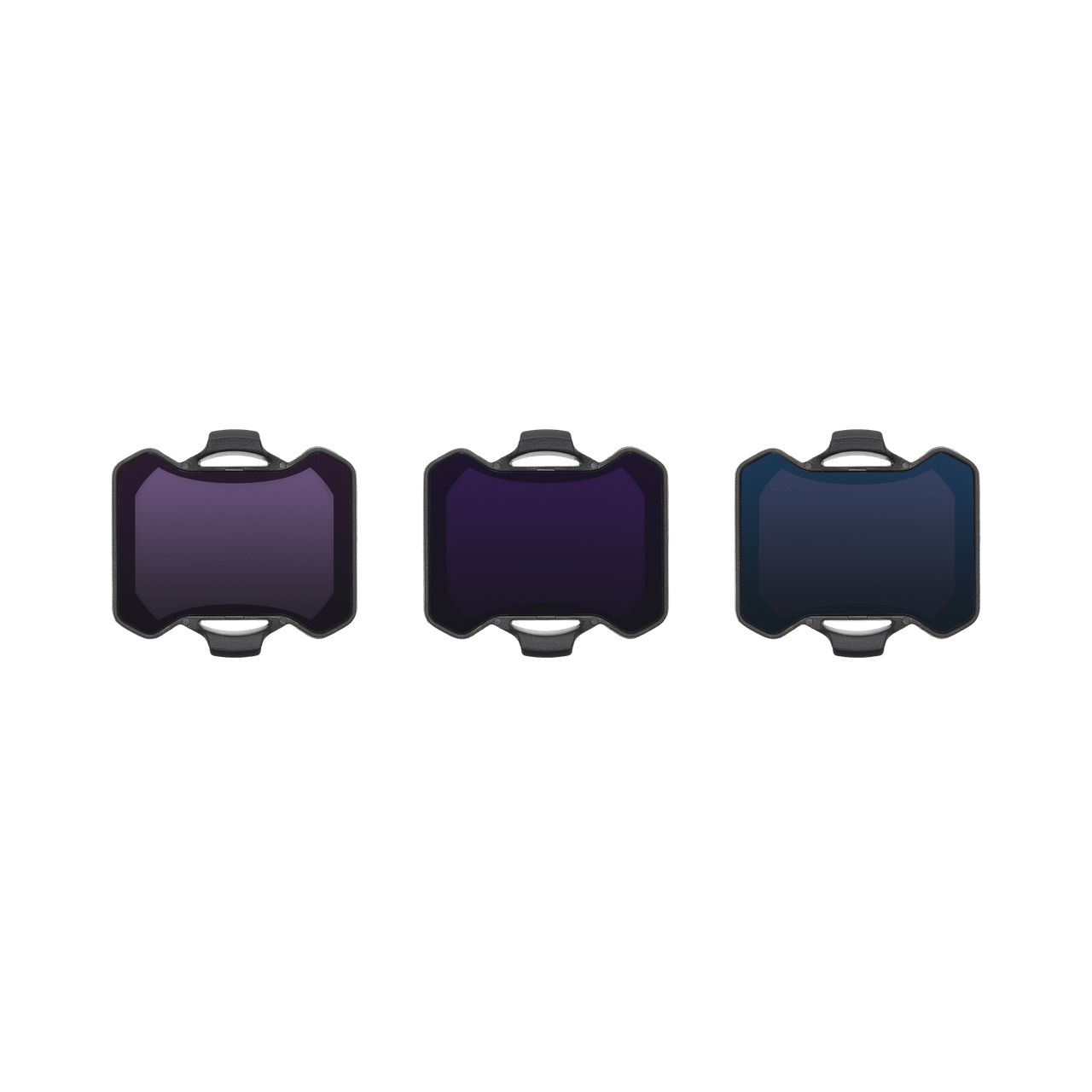 Three purple and gray objects on a black background