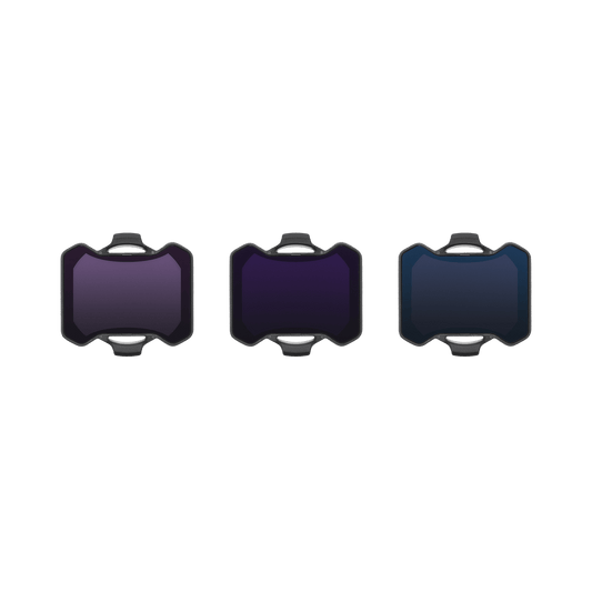 Three purple and gray objects on a black background
