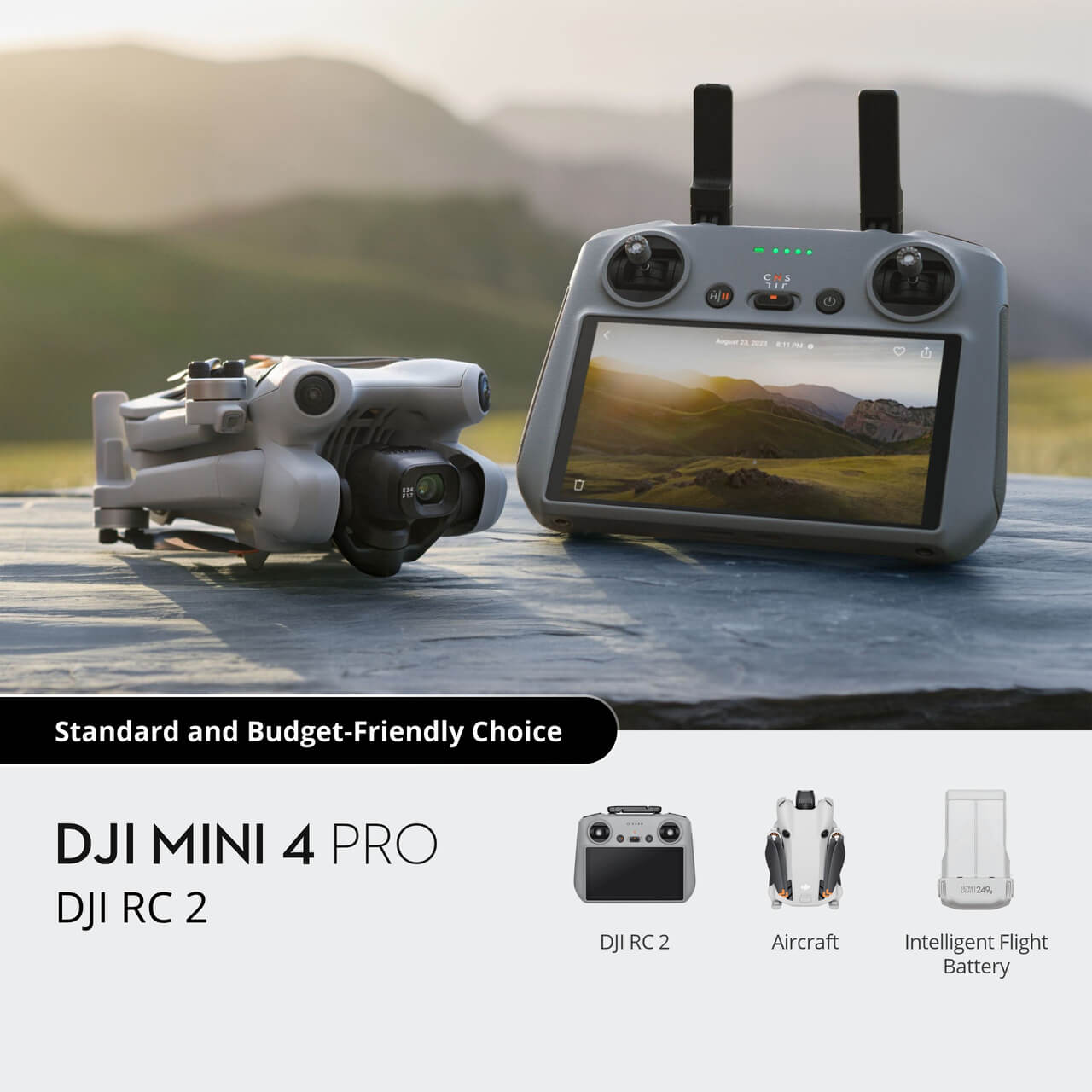 DJI Mini 4 Pro drone and remote control on a wooden surface with a scenic background