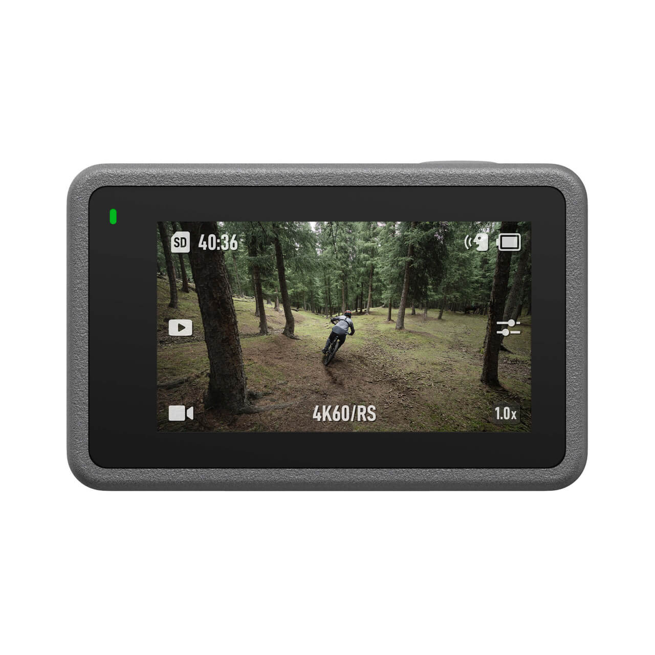 Action camera display showing a forest scene with a cyclist.