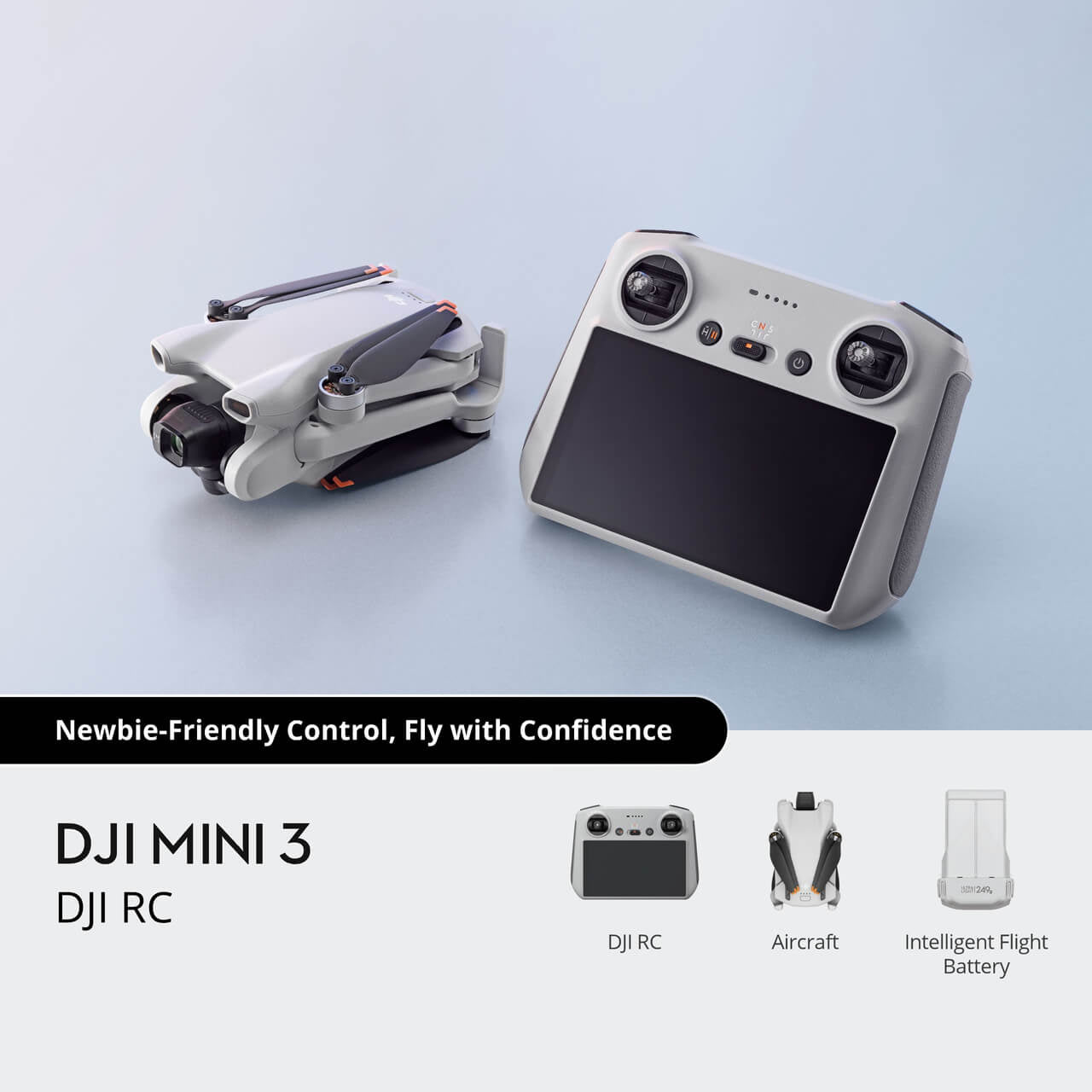 DJI Mini 3 drone and remote control on a light blue background