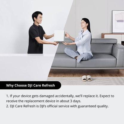 Person handing a box to another person in a living room setting with text about DJI Care Refresh service.