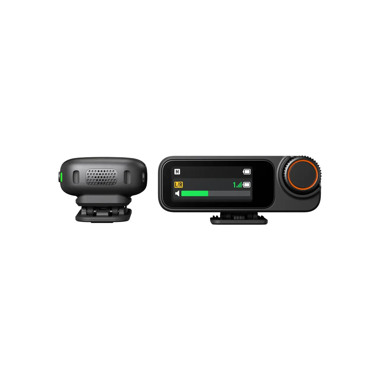 Black and orange DJI Mic 3 electronic device with display on a white background