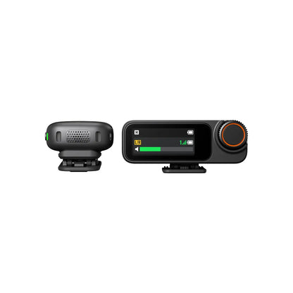 Black and orange DJI Mic 3 electronic device with display on a white background