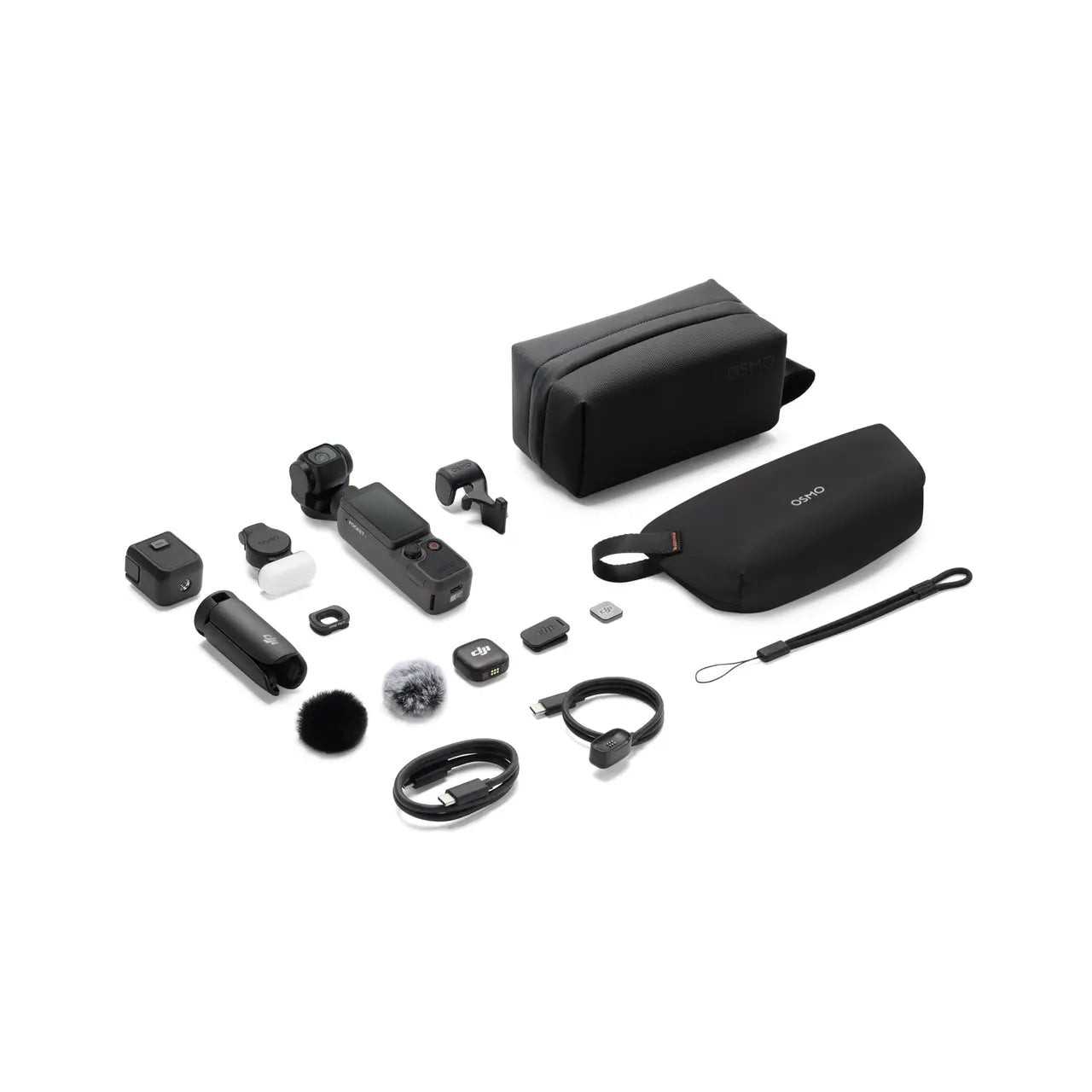 Collection of black electronic accessories including a camera, lenses, and carrying case on a white background.