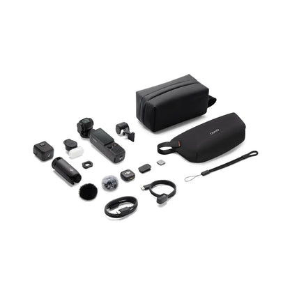 Collection of black electronic accessories including a camera, lenses, and carrying case on a white background.