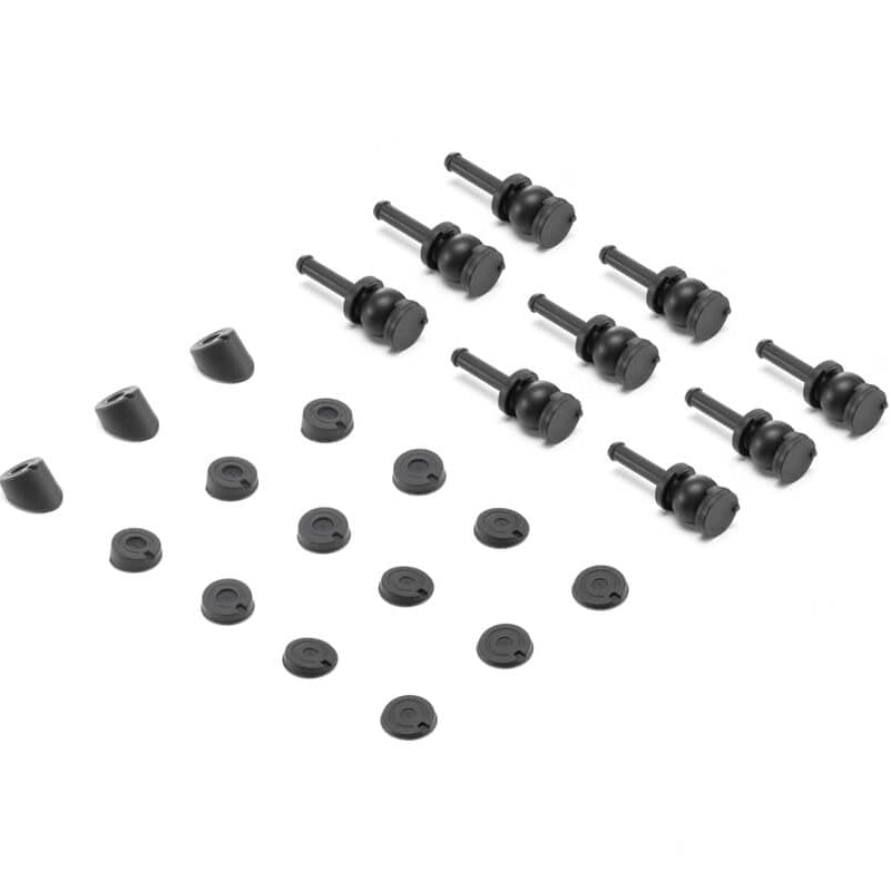 Set of black mechanical parts on a white background