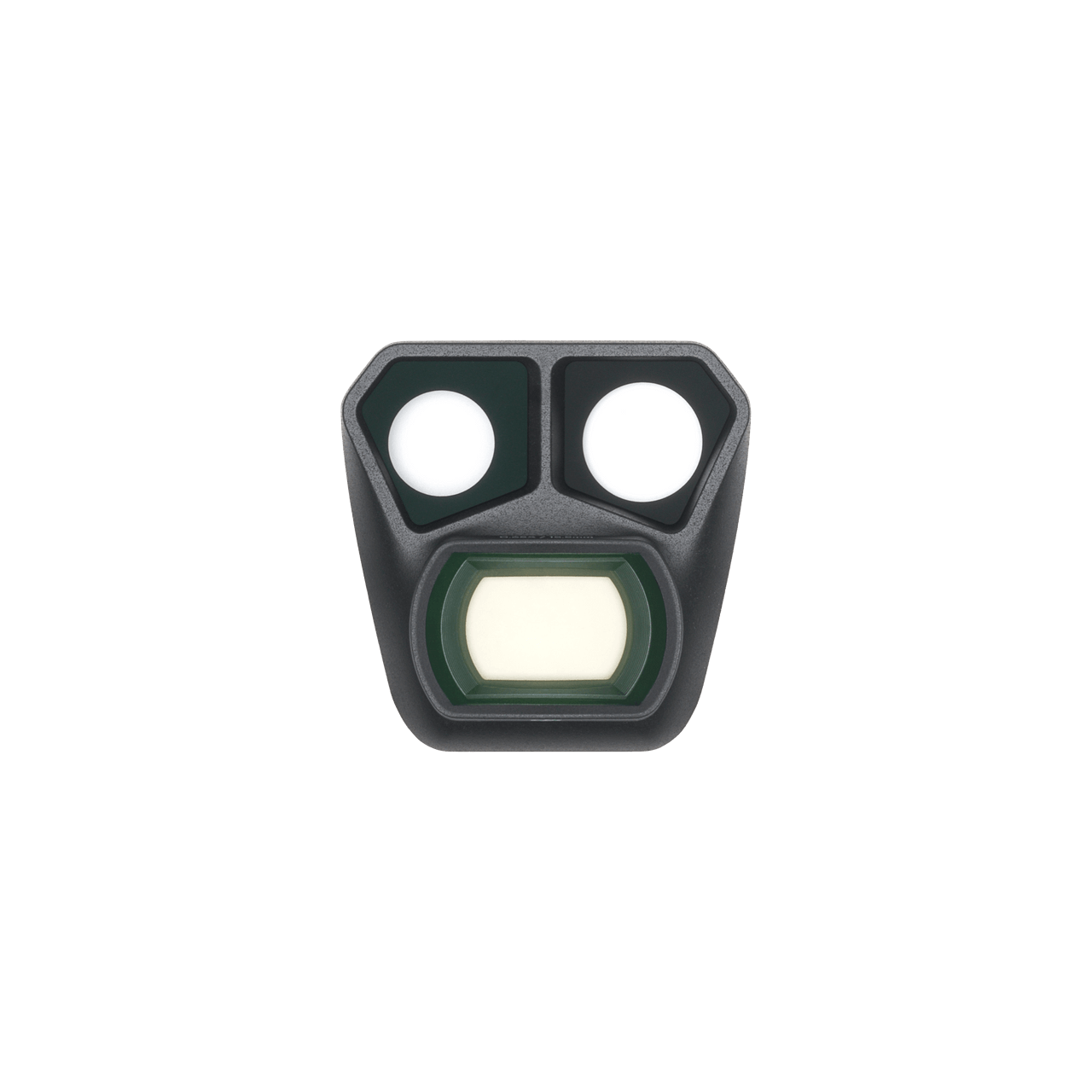 Black night vision device with two white lenses and a green filter on a black background