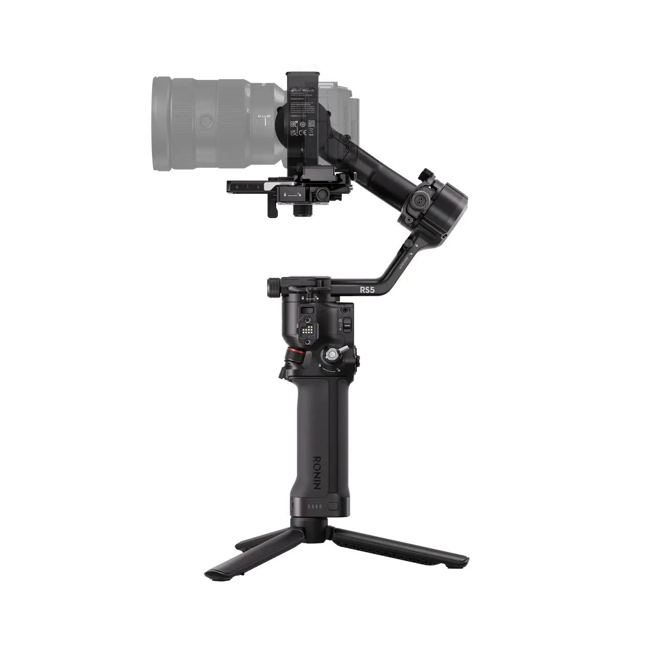 Camera stabilizer with a camera attached on a white background