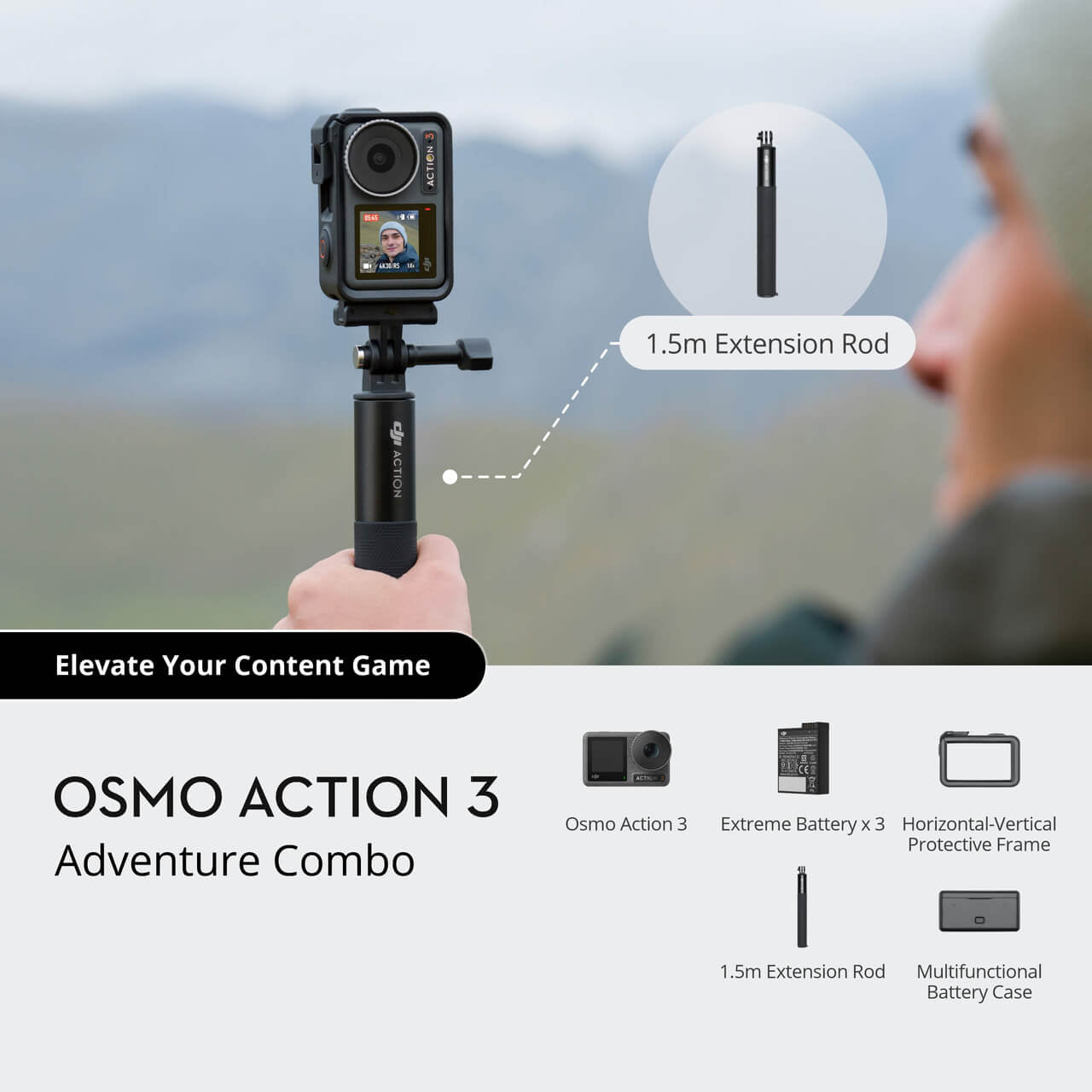 Osmo Action 3 adventure combo with camera, extension rod, and accessories against a mountainous background.