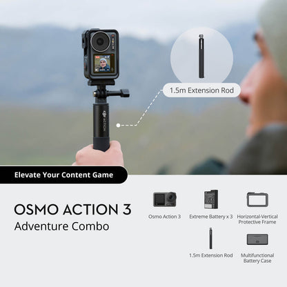 Osmo Action 3 adventure combo with camera, extension rod, and accessories against a mountainous background.